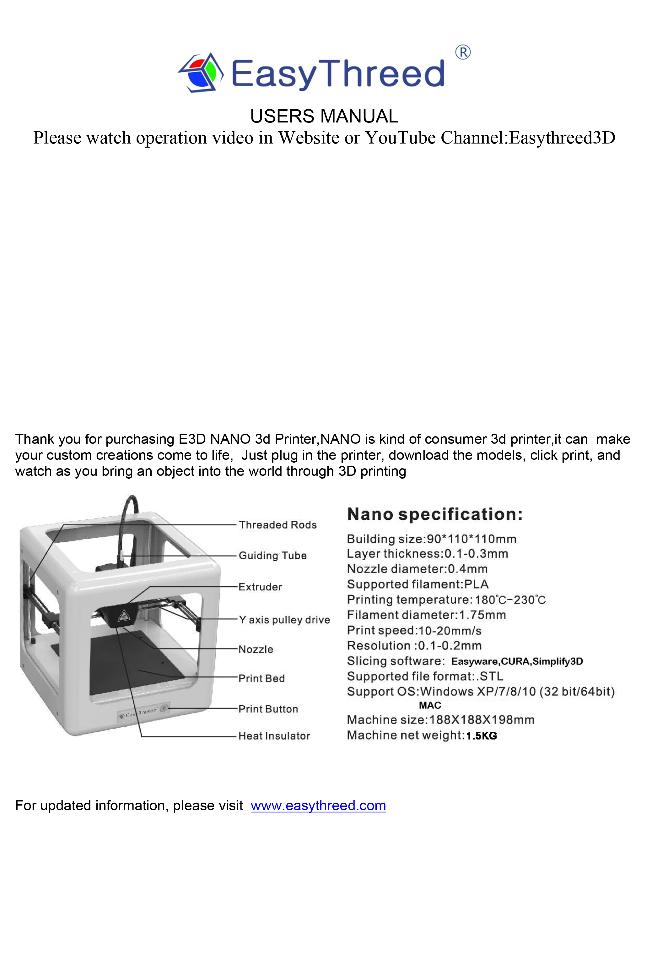 Nano plus user s manual easythreed 3d printer